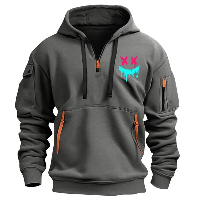 Styesk Sweatshirts for Men Men's Spring And Fall Printed Hooded Sweatshirt Zipper Multi-Pocket Pullover Sweatshirt