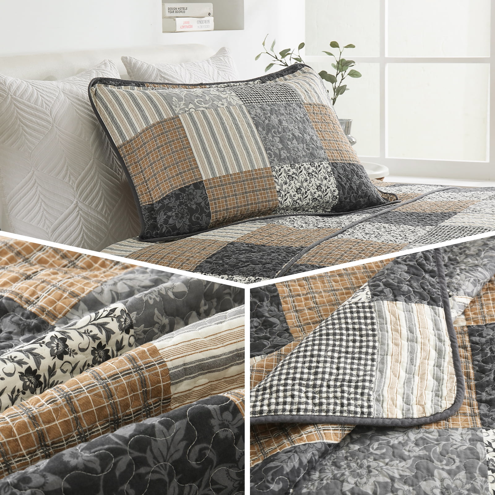 CozyDH 3-Piece 100% Cotton Rustic/Lodge Queen Quilt Set, Brown Plaid Patchwork Bedspread with 2 Shams