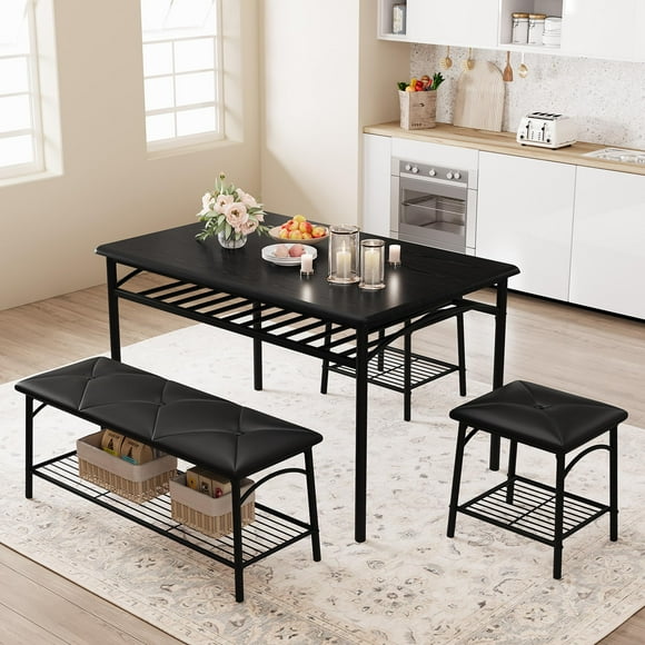 BeesClover Ensemble de Table à Manger pour 4, Ensemble de Table et Chaises de Cuisine avec Banc et 2 Tabourets, Ensemble de Table de Salle à Manger 4 Pcs avec Rangement et Panneau en Bois MDF