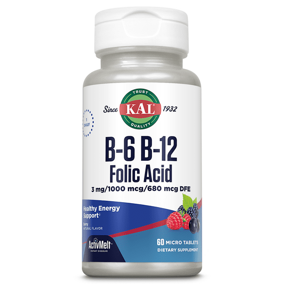 KAL B-6, B-12, and Folic Acid ActivMelt | Healthy Heart & Energy Support | Natural Berry Flavor | Superior Vitamin B Complex | 60 Micro Tablets