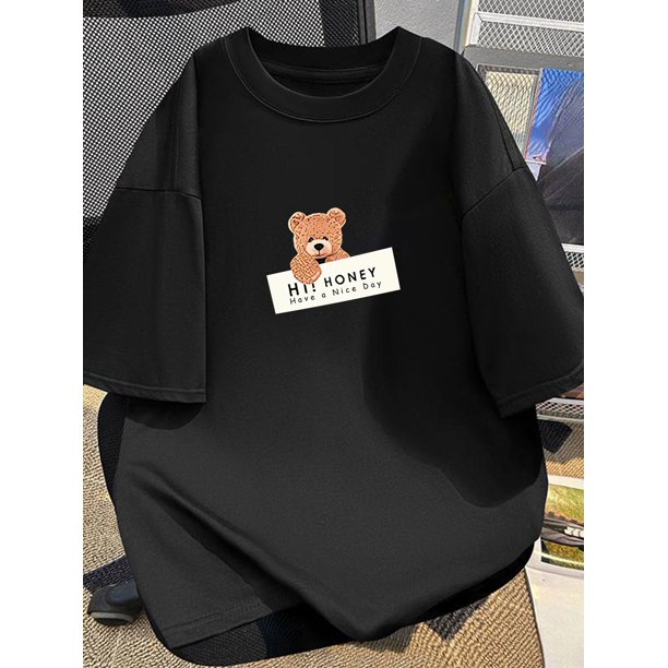 Camiseta de algodón con estampado de oso, unisex, cuello redondo, manga corta, informal, ligera, 100 % algodón, corte regular, ideal para hombre.