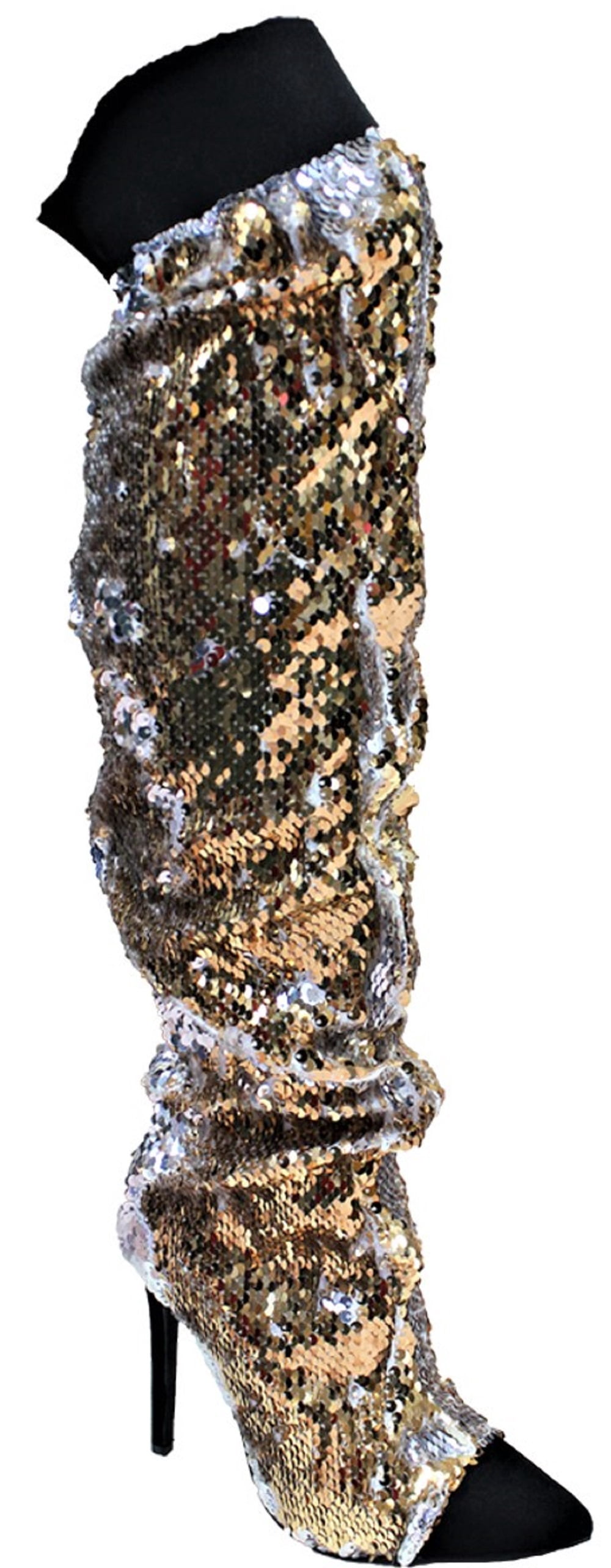 gold sequin thigh high boots