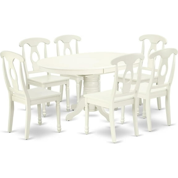 HomeStock 7 Piece Dining Table Set Consist of an Oval Dining Room Table with Leaf and 6 Wood Seat Chairs, 42x60 Inch, Linen White