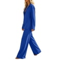 thumbnail image 6 of Cagogo Women's 2 Piece Long Sleeve V Neck Top Wide Leg Pants Set Solid Boho Vacation Outfits Loose Casual Lounge Tracksuits Travel Airport Clothes, Blue XL, 6 of 7