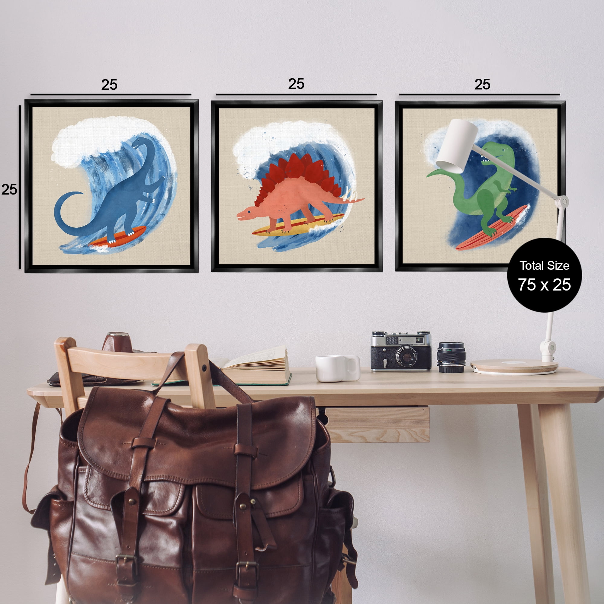 Stupell Industries Dinos Surfing Beach Waves Animals Painting Black Floater Framed Canvas Art Print Wall Art, 25 x 25, Set of 3