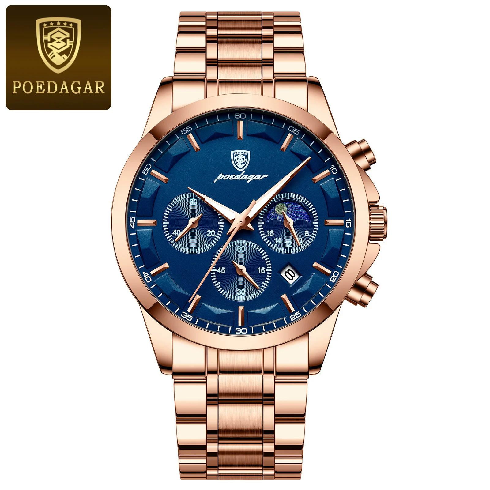 POEDAGAR Luxury Man Wristwatch Military Waterproof Luminous Chronograph Men Watch Stainless Steel Men's Quartz Watches box Reloj