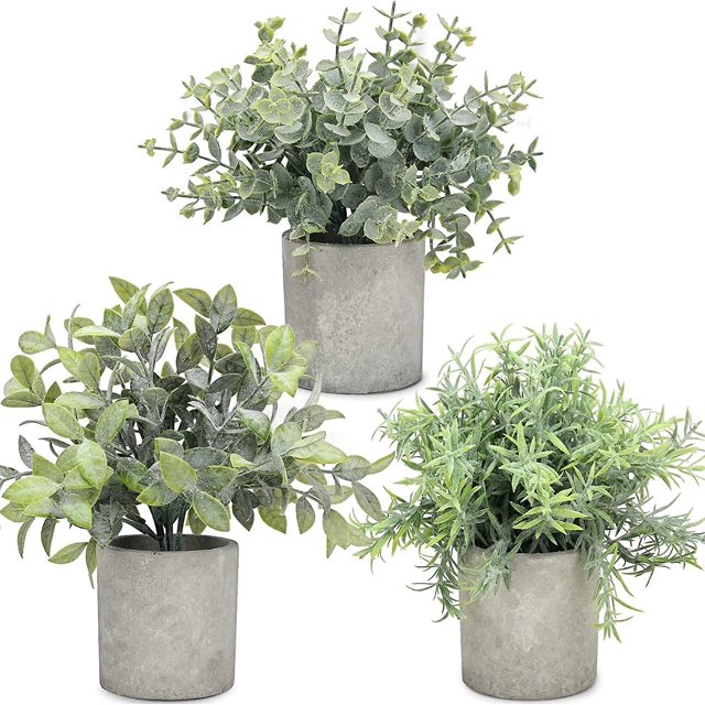 Paquete de 3 mini plantas falsas en macetas, plantas de plástico artificial de eucalipto, madera de romero, plantas de plástico artificial, compatible con estantería de baño, decoración de mesa de esc Afortunado Sencillez