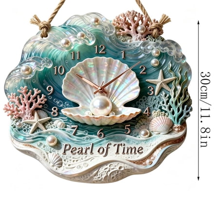 Coastal Shell Wall Clock, Silent Non Ticking Battery Operated, Wooden Hanging Clock with Rope, Nautical Beach Decor Wall Art for Home