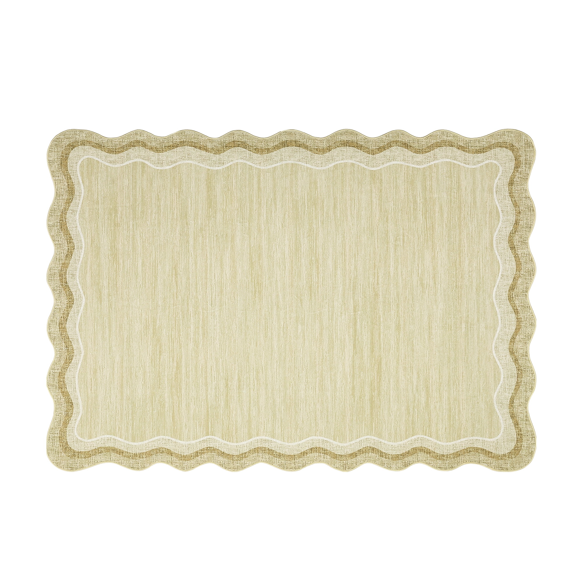 Large Scalloped Living Room Rug 10x13 Washable Modern Accent Carpet, Contemporary Low Pile Area Rugs with Non-Slip Backing, Stain-Resistant Foldable Floor Mat for Bedroom, Office, Beige