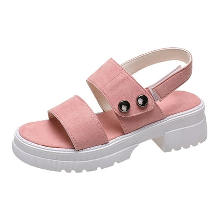 

dmqupv Ladies Fashion Solid Color Flock Hook&Loop Beach Round Toe Platform Sandals Cork Wedge Sandals Women Female flats-sandals Pink 6.5