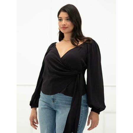 ELOQUII Elements Women's Plus Size Puff Sleeve Wrap Top
