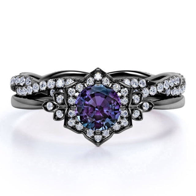 JeenMata Juego de Anillos de Boda de 1,75 ct con Marco de Pétalos de Alejandrita y Moissanita de Corte Redondo Creados en Lab: Alianza de Boda con Giro Infinito: Oro Negro de 18 K sobre Plata