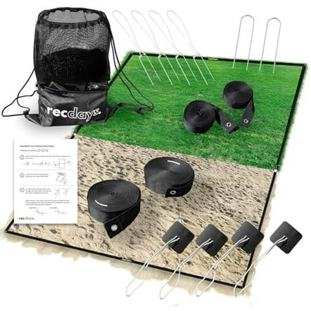 Recdays Volleyball Lines: Premium 2-in-1 Grass Volleyball & Beach Volleyball Lines, 2" Volleyball Court Lines with Anchors & Stakes, Durable Drawstring Mesh Bag, AVP Official Court Size 26’3” x 52’6”