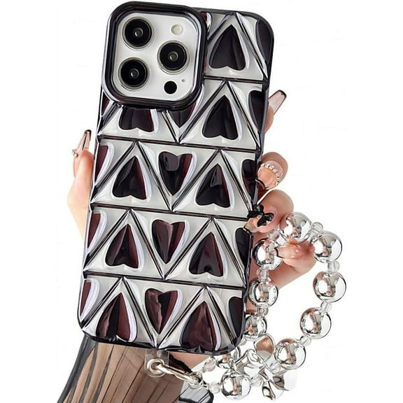 for iPhone Case,Luxury ElectroPlated Love Heart Rhombus with Pearl Bracelet Bumper Camera Lens Protection Soft Shockproof Phone Case (Black,iPhone 13 Pro Max)