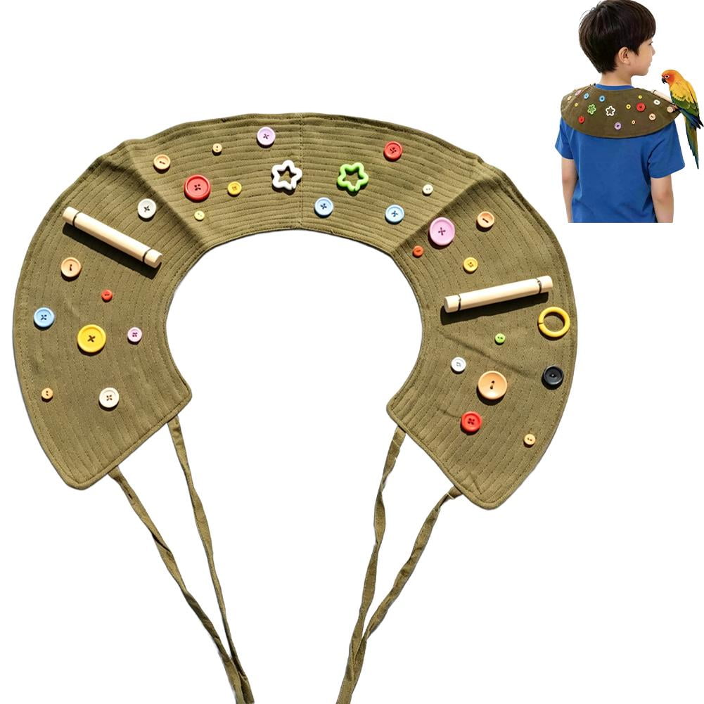 50‑Cm Fabric Parrot‑Shoulder‑Protector Shawl double‑layer anti‑scratch anti‑dropping adjustable tie‑strap with toy‑loops machine‑washable army‑green bird‑training shoulder‑cape 1Pc
