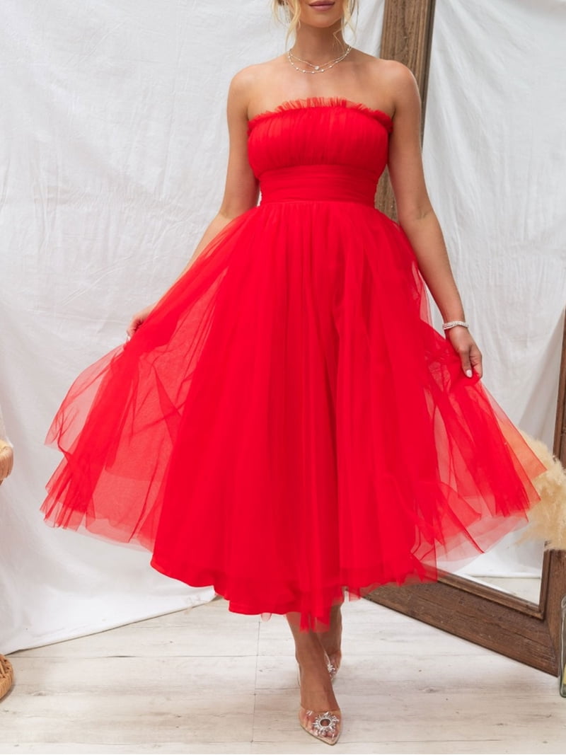 GXFC Women Wedding Dresses Strapless Tulle Midi Cocktail Dress for Guest -  Walmart.com