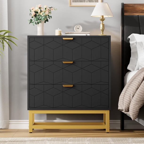 Moderno 3-cajón cómoda de anchura wood chest con gold metal legs y handles-ideal para almacenamiento organizer para dormitorio sala de estar hallway | negra