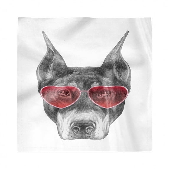 Sunglasses Decorative Satin Napkins Set of 4, Cool Pattern of a Doggie in Heart Shaped Shades Pencil Drawn Artwork, Square Fabric Party & Dinner Napkin, 12", Vermilion Grey White, by Ambesonne