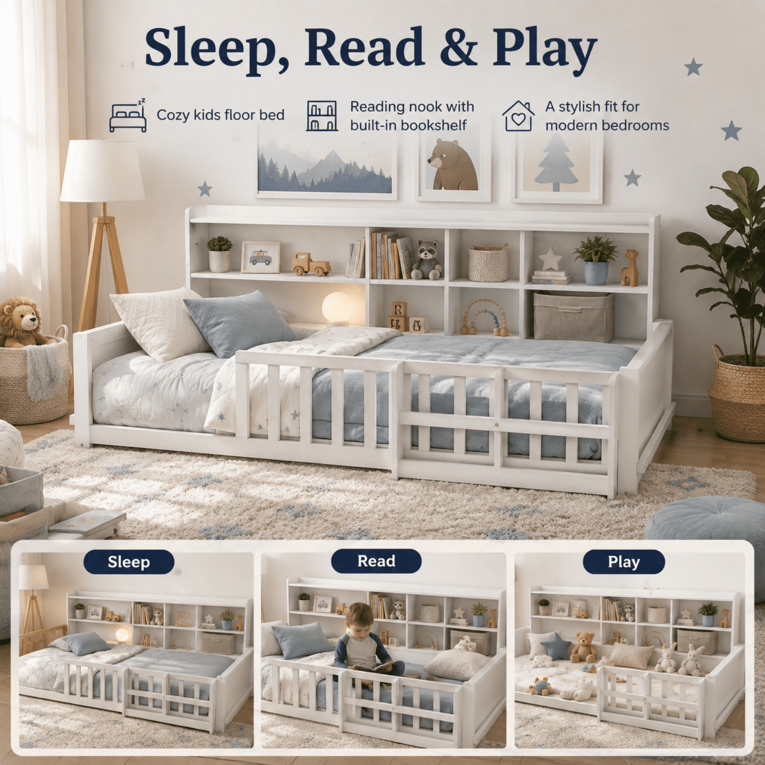 Miniyam Twin Size Floor Bed, Kids Wood Bed Frame with Guardrails, Side Bookshelf, White