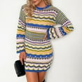 thumbnail image 2 of Vestido ajustado de manga larga con cuello redondo y suéteres de crochet a rayas con bloques de colores bohemios a la moda para otoño para mujer, 2 of 4