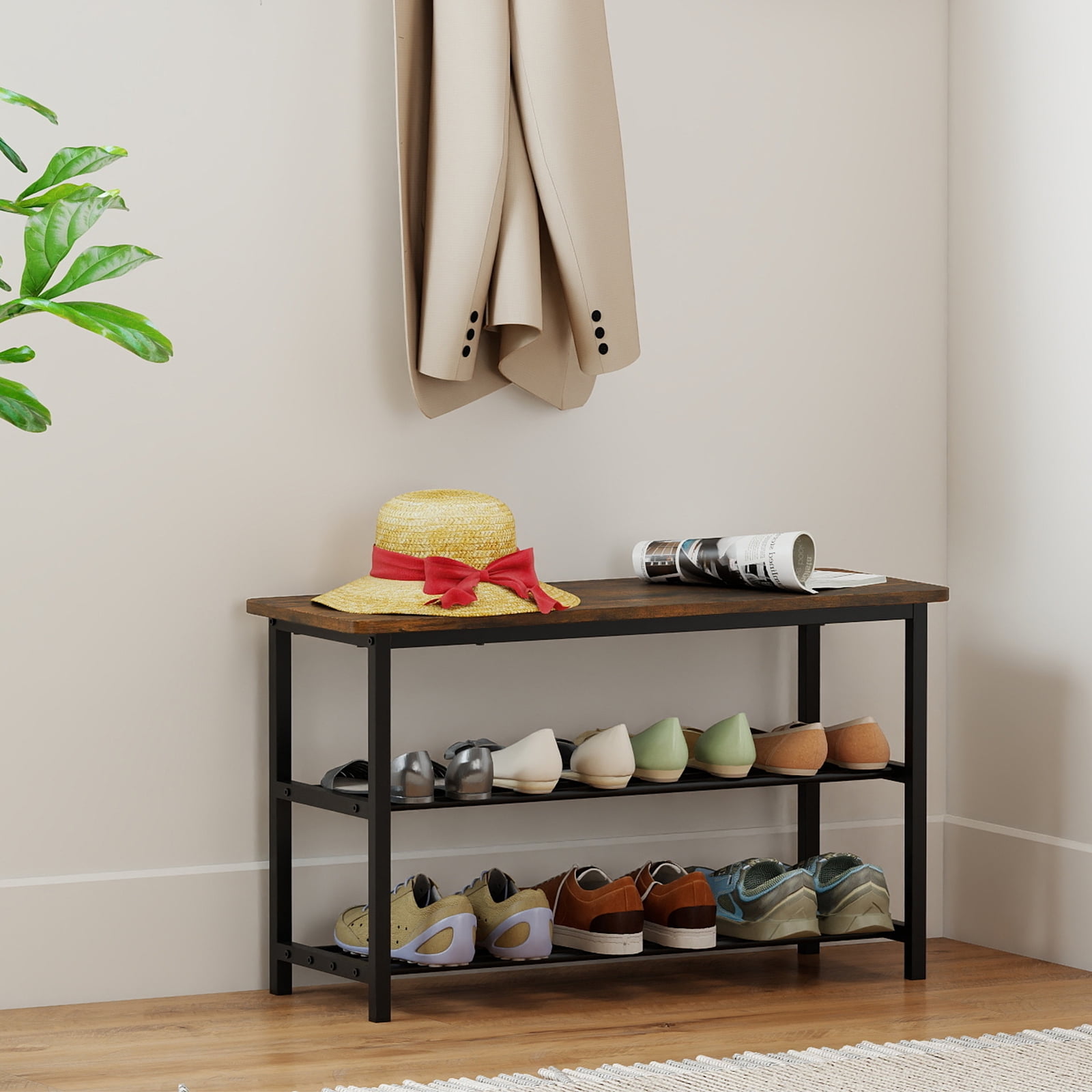 Gymax 3-Tier Shoe Rack Bench w/ Heavy Duty Metal Frame & 300 lbs Seat for Hallway