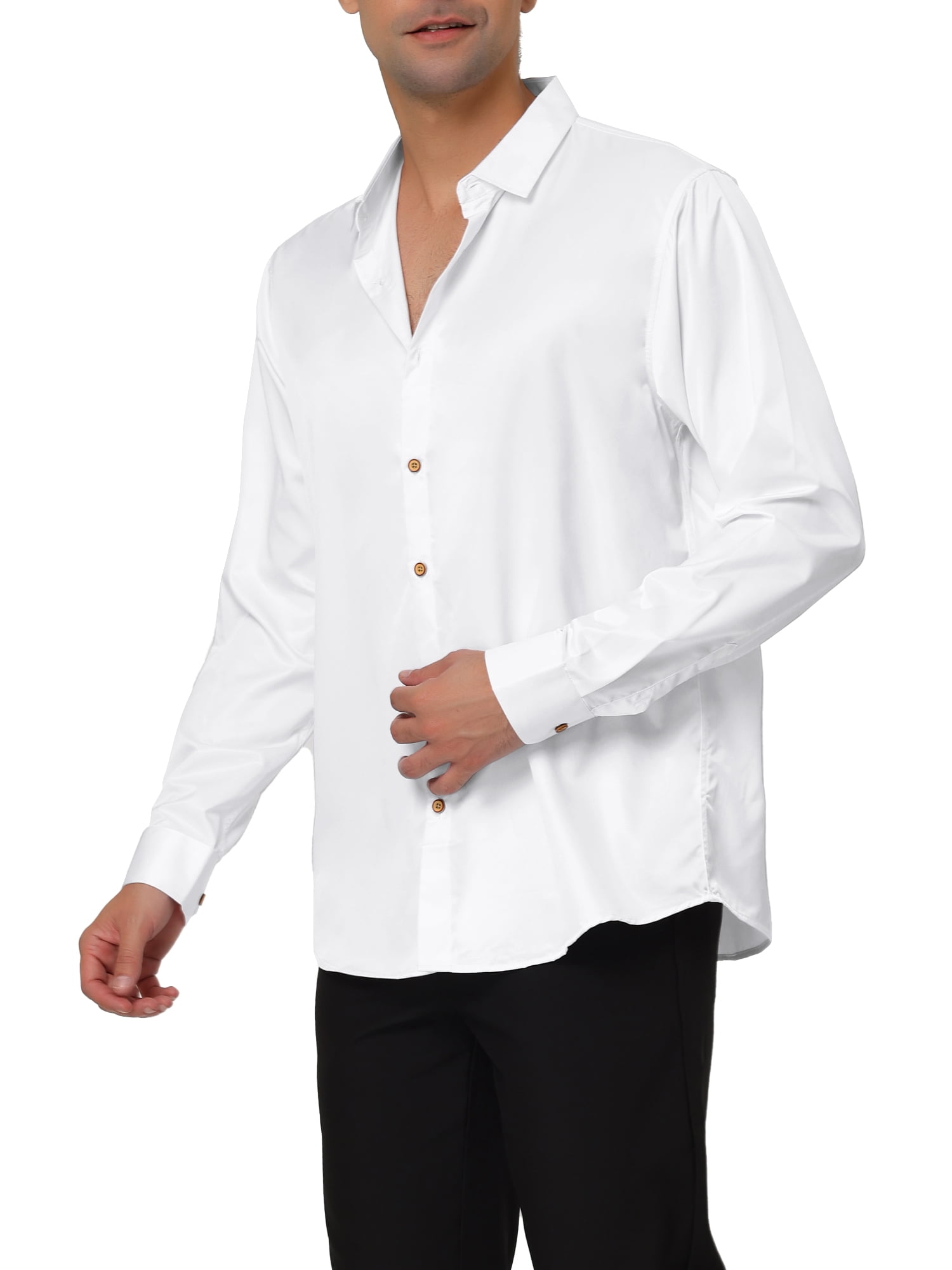 Unique Bargains Men's Prom Satin Long Sleeves Button Down Slim Fit Formal Shirts XL White