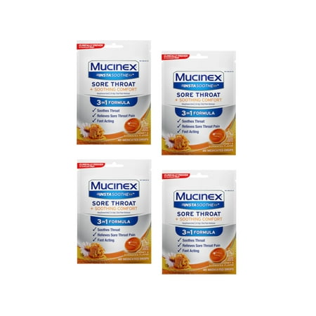 Mucinex InstaSoothe Sore Throat & Soothing Comfort Honey & Echinacea Flavor, 40 Medicated Drops - Pack of 4