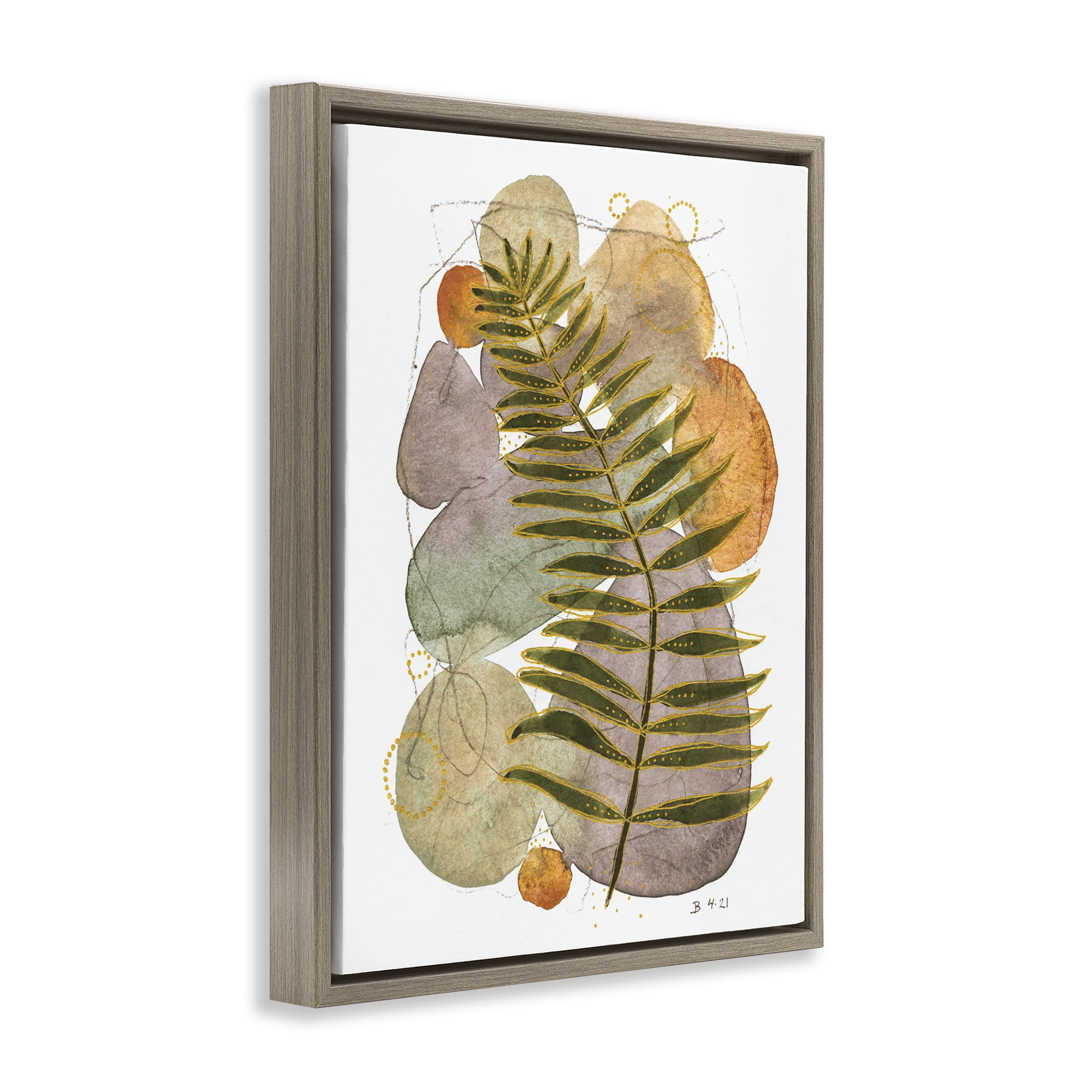 Stupell Industries Abstract Fern & Pebbles Botanical & Floral Painting Brown Floater Framed Canvas Art Print Wall Art, 17 x 21