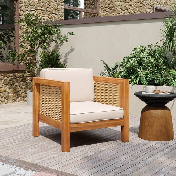 Christopher Knight Home Acacia Wood Outdoor Club Chair with Wicker Armrests, Beige Cushions, Teak
