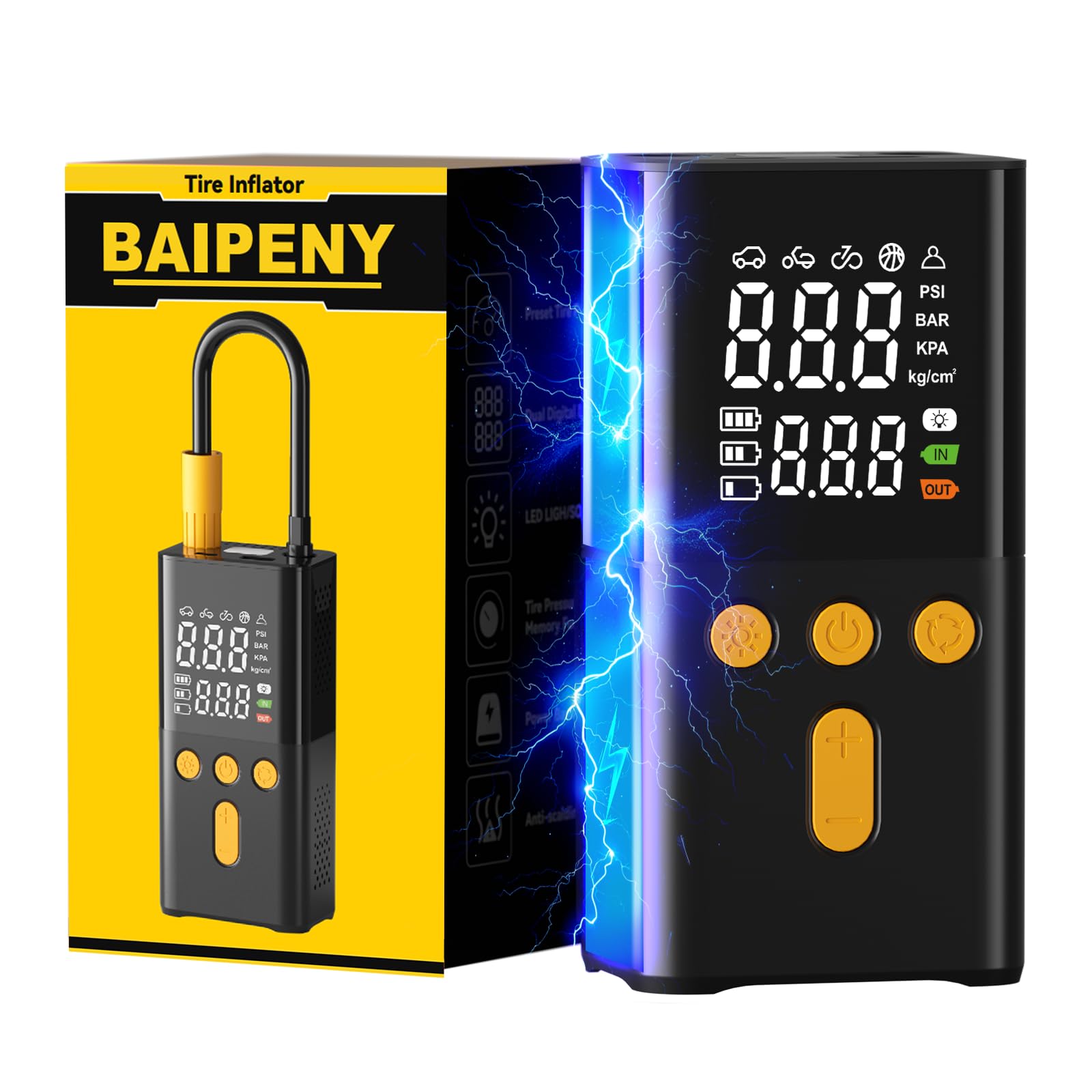 BAIPENY Tire Inflator Portable Air Compressor 4X Faster Air Pump for Car Tires 150 PSI Portable Tire Inflator for Car with Digital Dual Values Display Pressure Gauge and Auto Off Function
