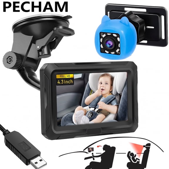 PECHAM Baby Car Camera, 4.3" HD Display Baby Car Back Seat Mirror with Night Vision, 150° Wide Angle