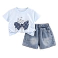 thumbnail image 4 of Girls Cotton 2 Piece Outfits Summer Cute Short Sleeve Rhinestone Bow Printed T-Shirt and Elastic Waist Denim Shorts Set Light Blue 1-2Years, 4 of 9