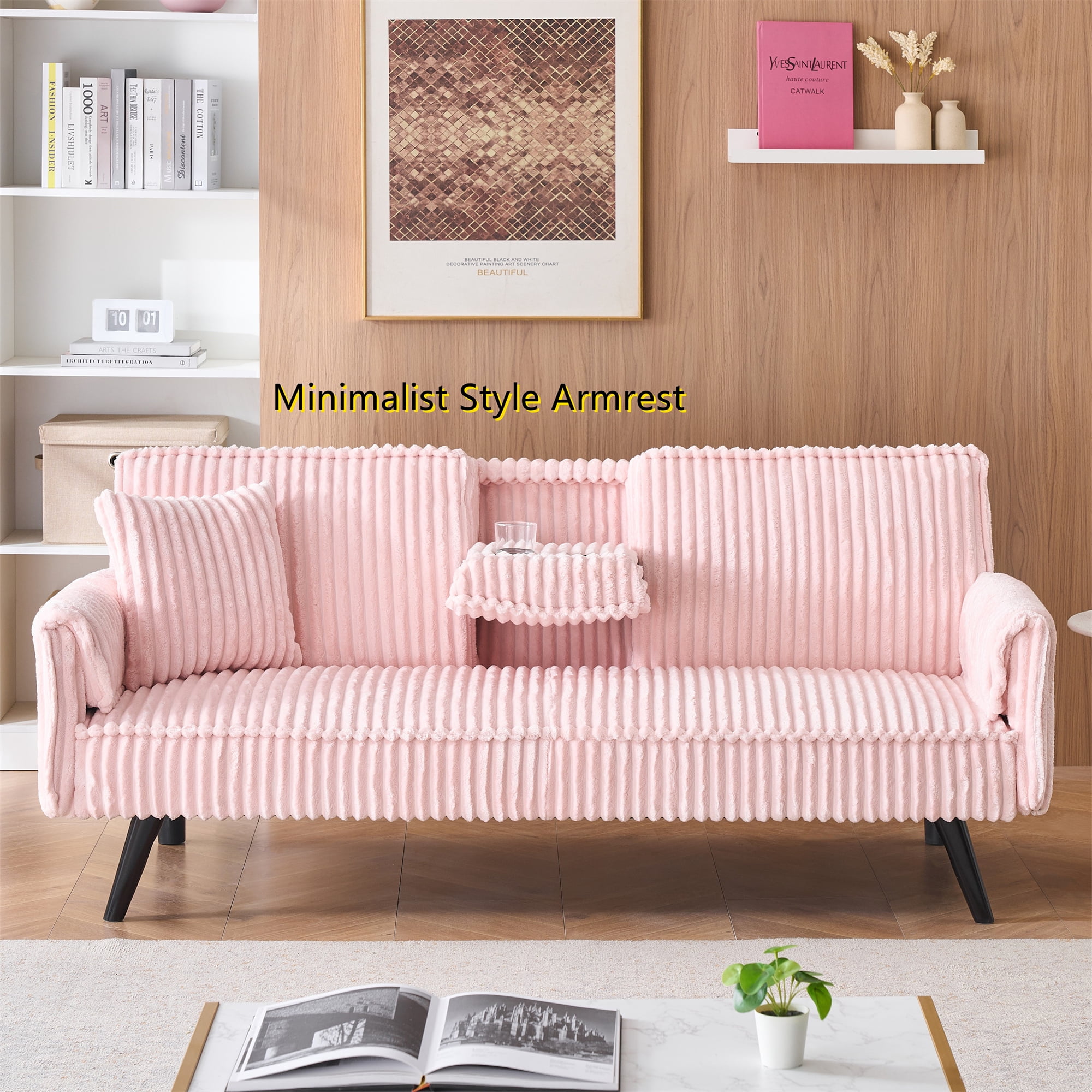 Aukfa Corduroy Futon Convertible Sofa Bed, 2 Cup Holders& Pillow, Straight-line Tufted, Pink
