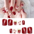 thumbnail image 1 of Juego de 24 uñas acrílicas cortas de gelatina con motivos de fresas y cerezas rojas, 1 of 5