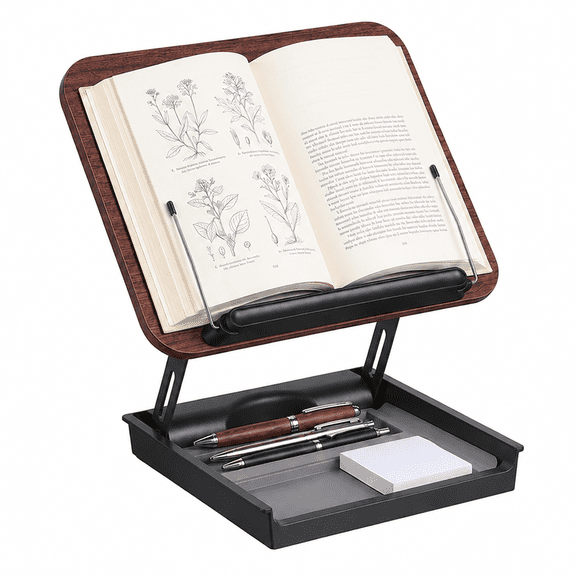 Naeqieo Book Stand with Storage, Adjustable Book Holder for Reading, Ergonomic Desktop Riser for Textbooks, Tablets & Laptops, Brown