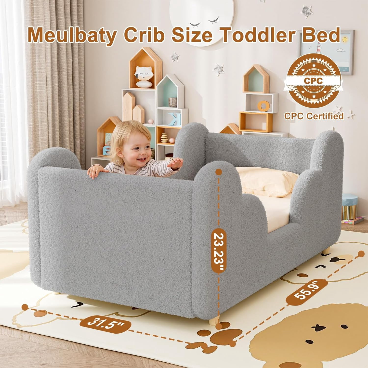SLSY Toddler Bed,Classic Gray Child Bed for Kids with Extra Safty Broad,Certified Fabric Toddler Floor Bed,Standard Crib Size(Mattress Not Included)