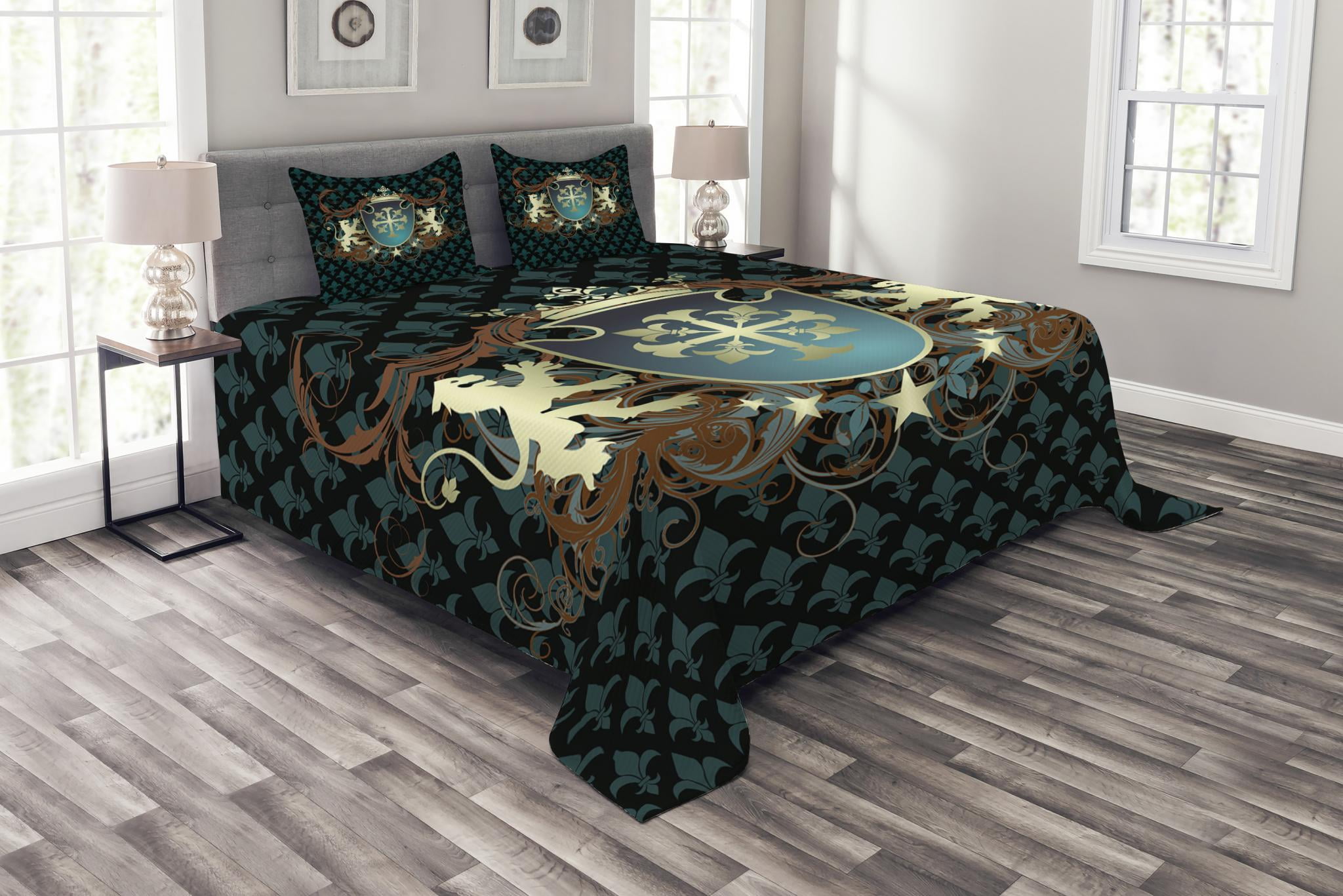 Medieval Bedspread Set, Heraldic Design from Middle Ages Coat of Arms