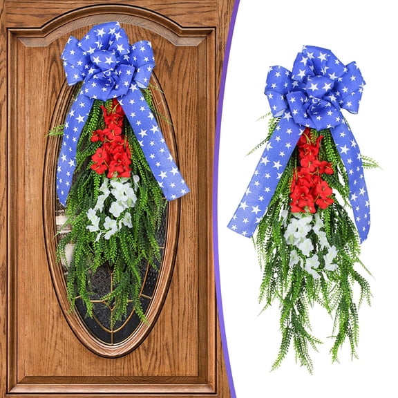 Patriotic Red White Teardrop Wreath - 4th of July Independence Day Decoration with Blue Bow - 29.5 Inch Outdoor Front Door Garland