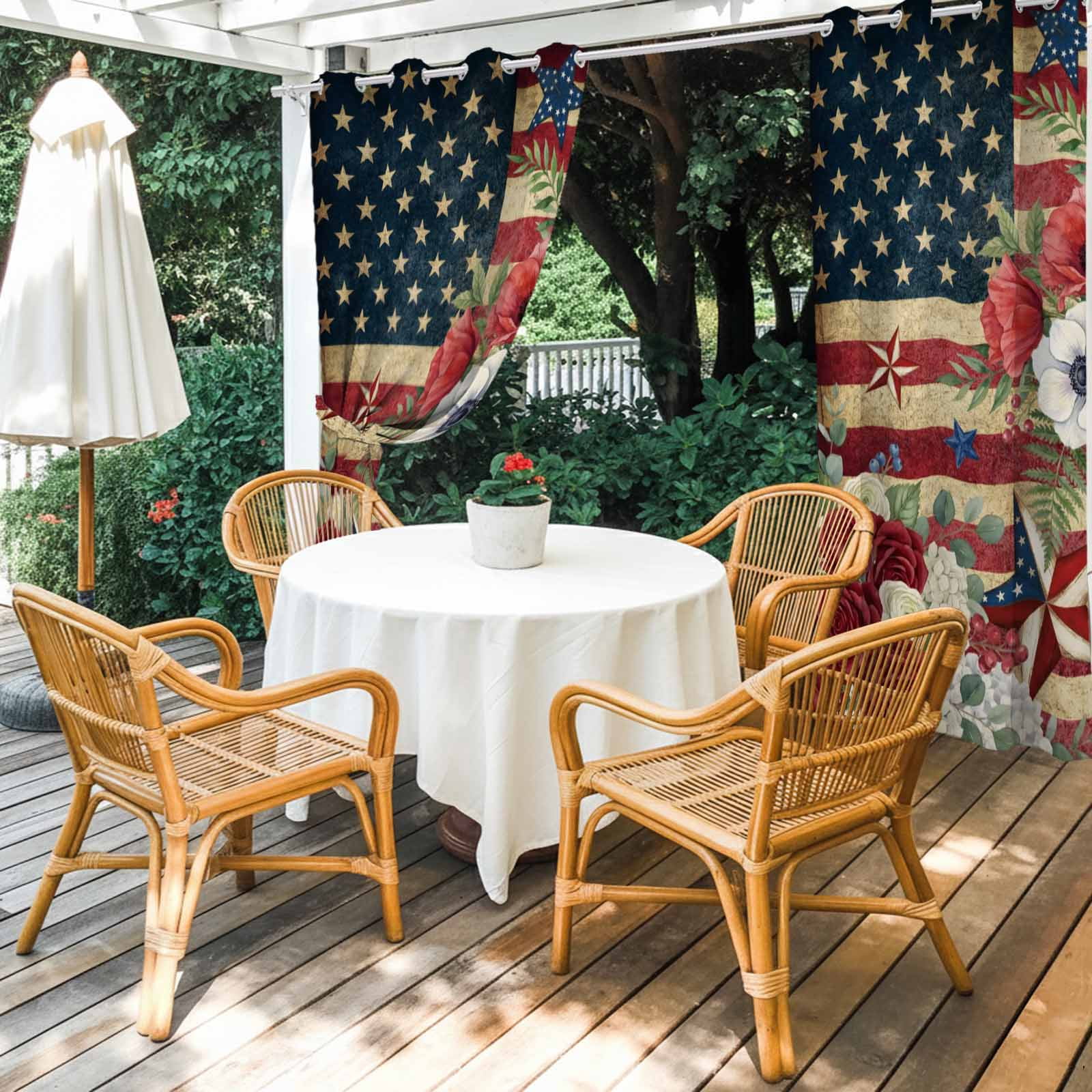 4th of July Outdoor Curtains for Patio, Patriotic USA Flag Stars Red Flowers Leaf Vintage Sunshade Privacy Drapes Grommet Waterproof Outside Curtains for Porch/Cabana/Balcony 54"x 108", 1 Panel