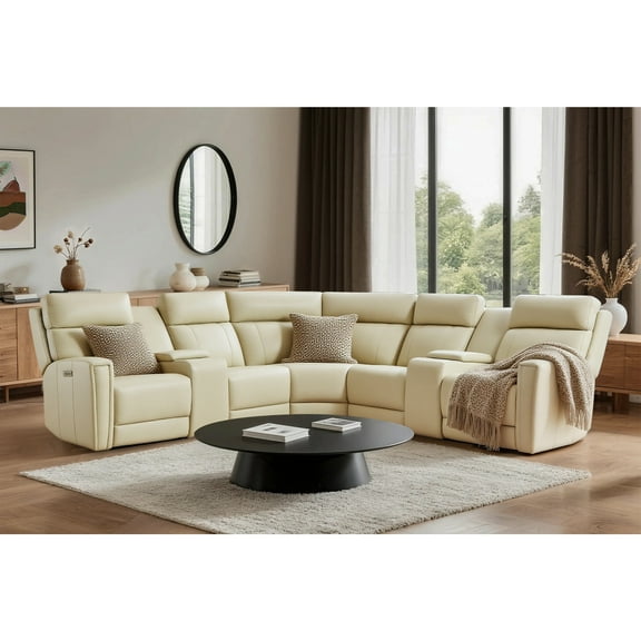 116" Leather Reclining Sectional, 3 Power Recliners, Adjustable Lumbar Support & Zero Gravity