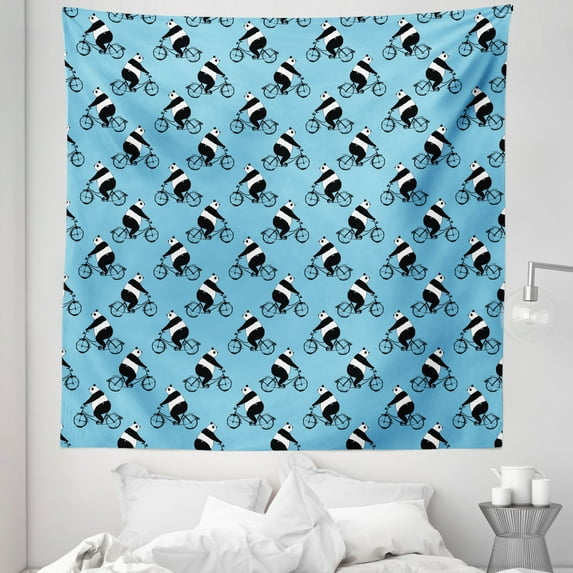 Sports Tapestry, Panda Bear Riding Bicycle Animal Hobby Humor Comic Caricature Art, Fabric Wall Hanging Decor for Bedroom Living Room Dorm, 5 Sizes, White Black and Blue, by Ambesonne
