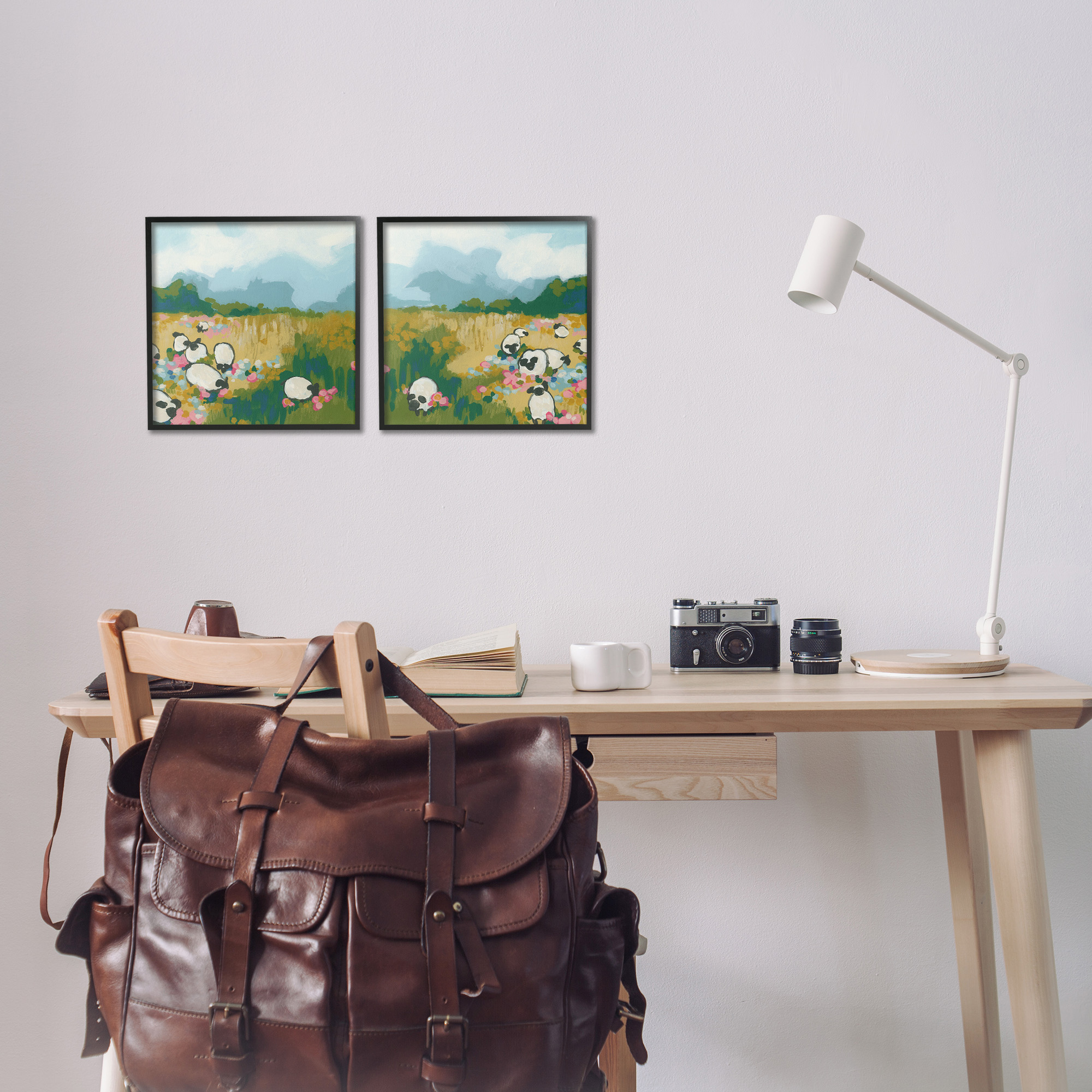 Stupell Industries Scattered Sheep in Field Landscape Painting Black Framed Art Print Wall Art, 12 x 12, Set of 2