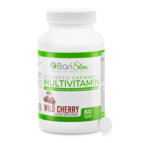 BariSlim Chewable Multivitamin Tablets with Iron, Wild Cherry, 60 Count, Energy, Immune & Nutrient Deficiency Support, Adult, Unisex