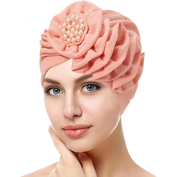 Women Turban Flower Caps - Elastic Beaded Solid Headwrap Chemo Beanies Cancer Headwear Hats for Hair Loss Cover