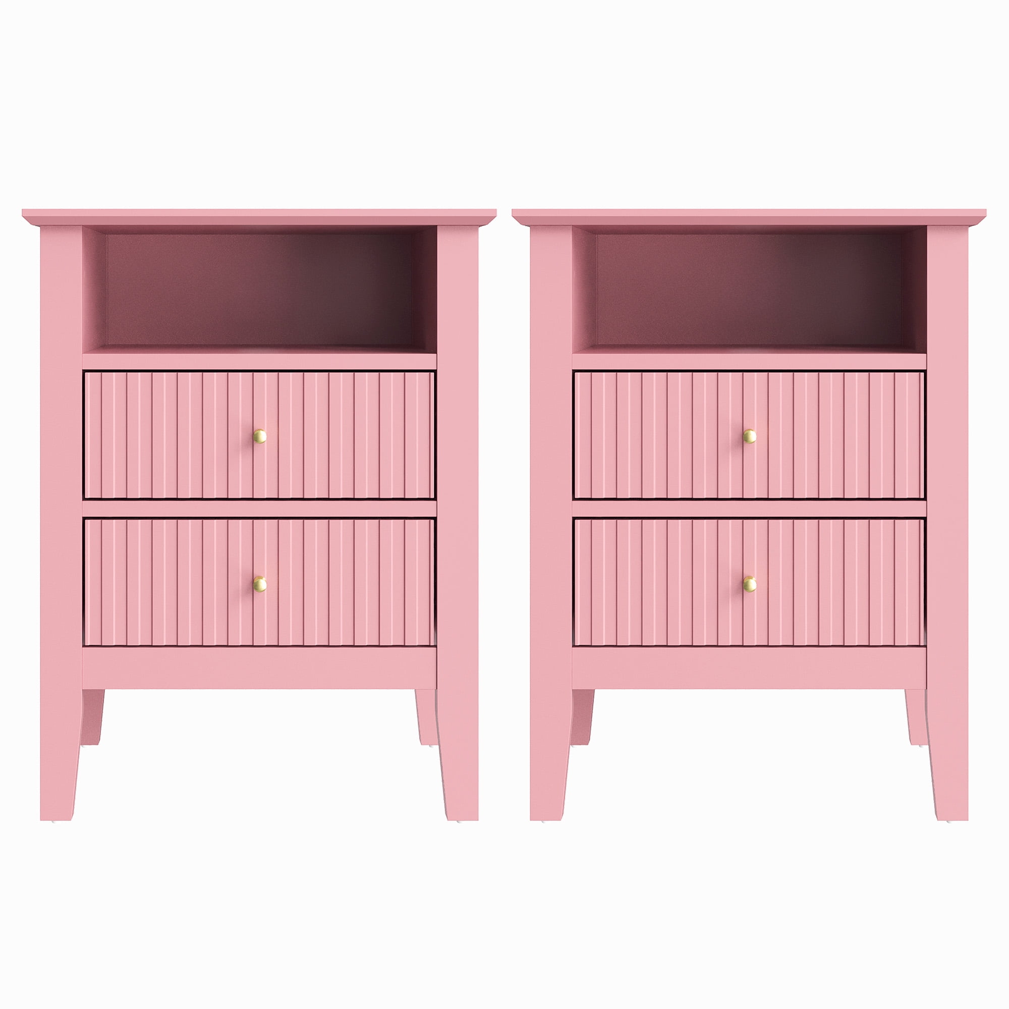 CozyHome Fluted Nightstand Set of 2, Modern Side Table with 2 Drawers & Storage Shelf, Wood End Table for Living Room, Bedroom, Pink
