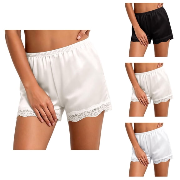 Womens Slip Shorts for under Dresses Elastic Waist Lace Trim Satin Bloomers Pettipants Culottes Slip Skirt