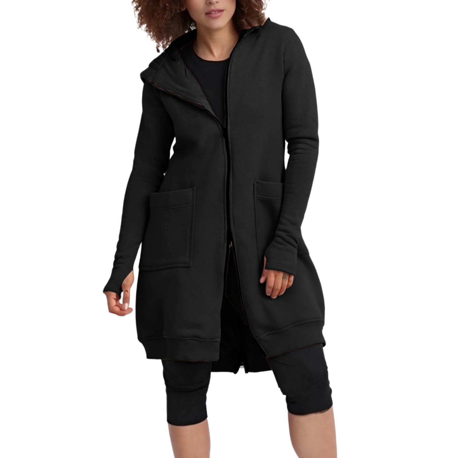Maxi Hoodie with Thumb Holes Sevevn Women's Solid Color Jacket Fleece Casual Zipper Long Sleeve Pocket Hooded Long Sweater Black XL