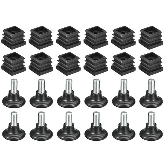 12Pack Inserts for Square Tubes with Leveling Feet, for 0.79"x0.79" OD Square Tube, M8 Thread Black Plastic Furniture