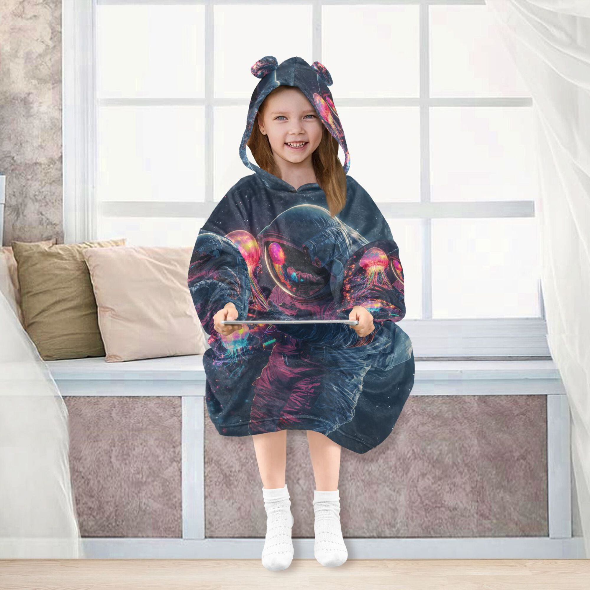 FORMRS Wearable Blanket Hoodie with Sleeves for Kids Cozy Flannel Sweatshirt, Glowing Jellyfish
