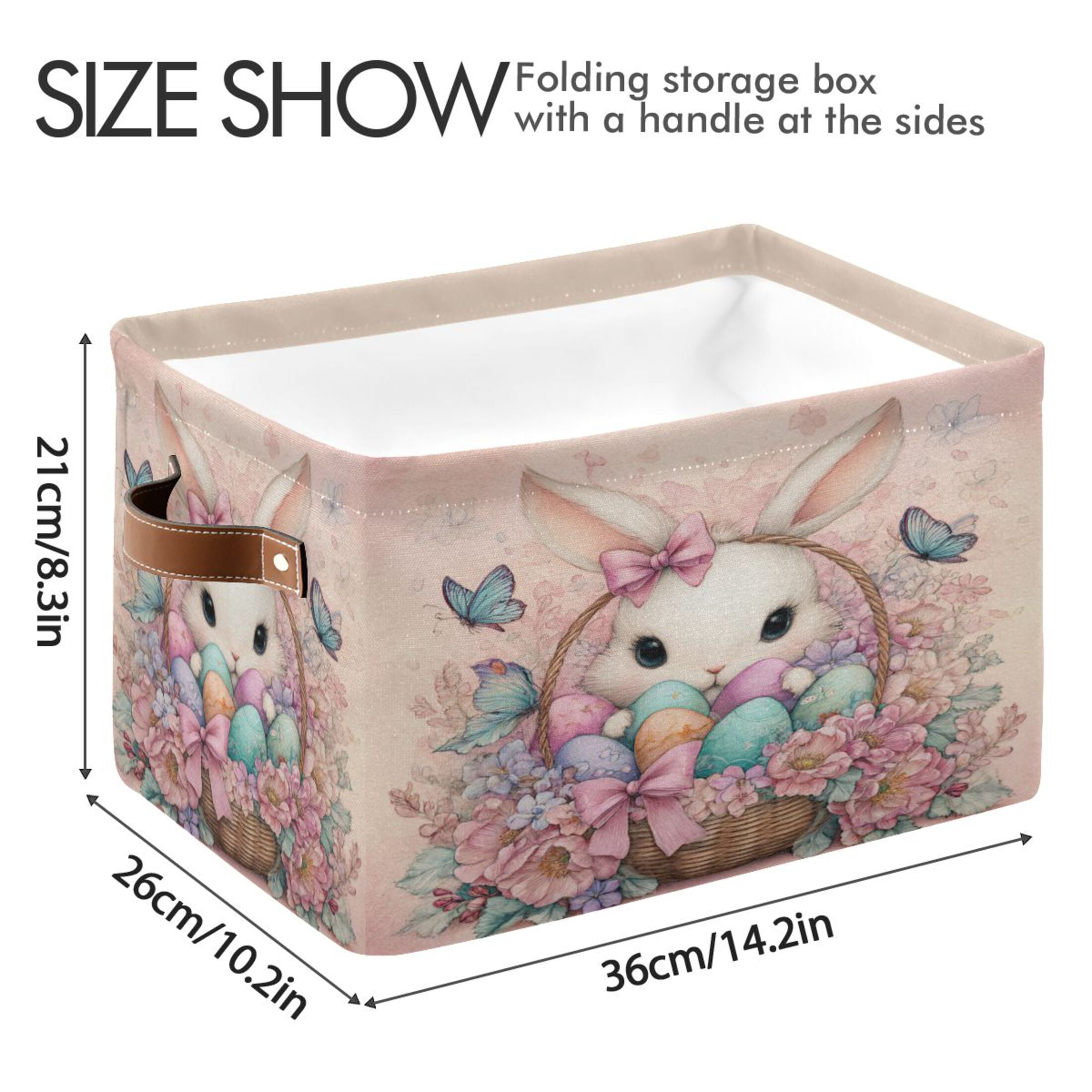 Wobogo Adorable Easter Bunny Square Storage Basket Set of 2 with Waterproof Canvas and PE Lining Durable PU Leather Handles 14.2×10.2×8.3in
